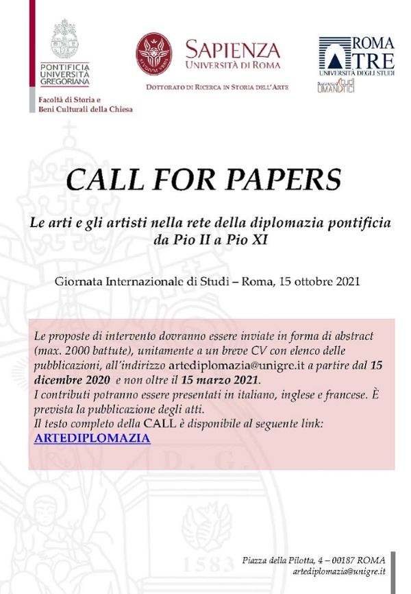 CALL FOR PAPERS - Le arti e gli artisti nella rete della diplomazia pontificia da Pio II a Pio XI